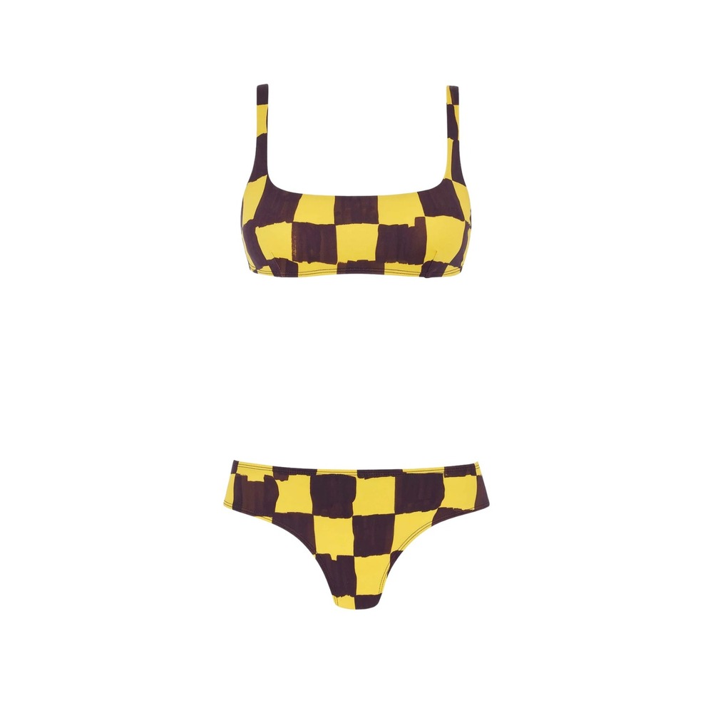 Emilia Wickstead X Palm Heights Bea Bikini Brown Yellow Checkerboard NWT $365 S